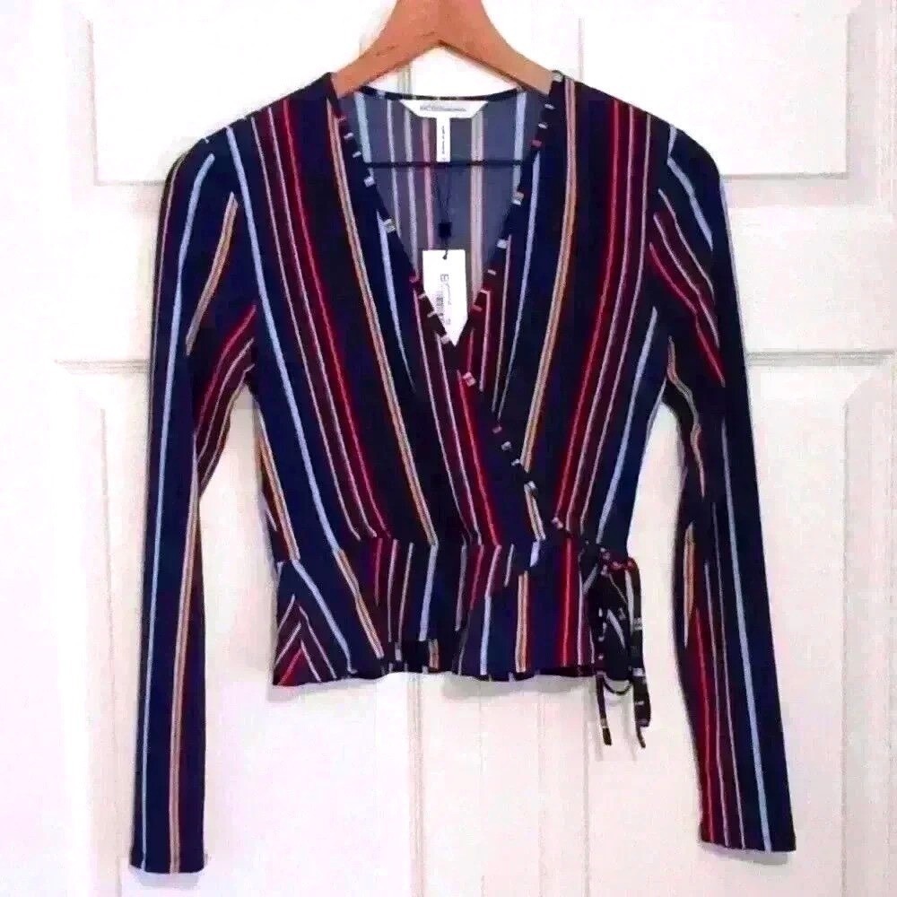 BCBGeneration Womens Wrap Top Navy Multi XS Striped Peplum Long Sleeve Blouse